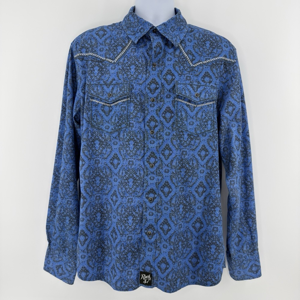 Wrangler Rock 47 Shirt Mens Lโ Blue Paisley Western Snap Long Sleeve Casual